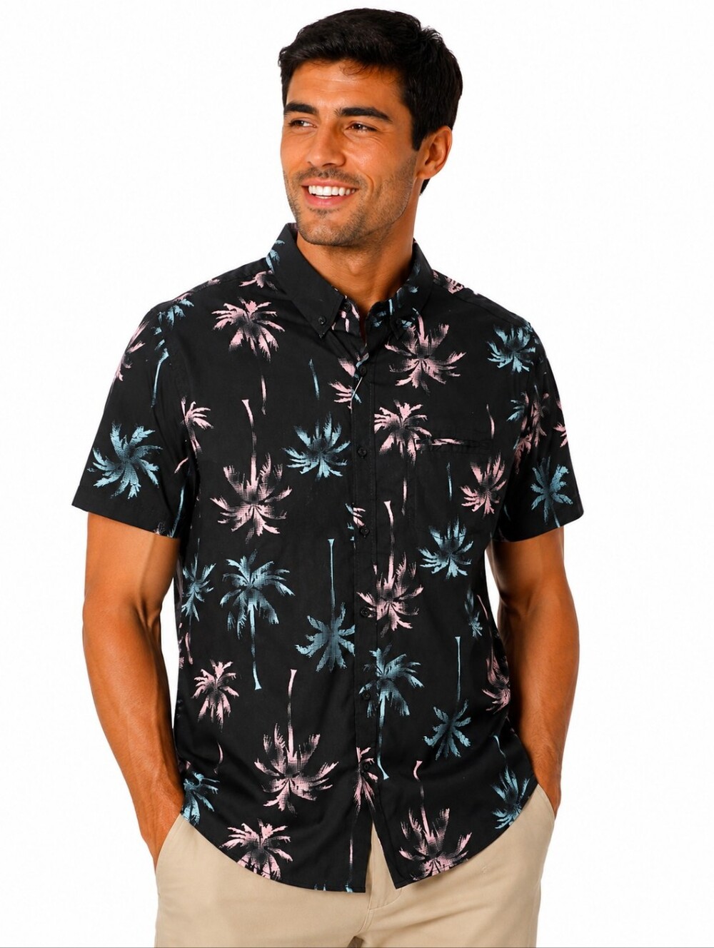 FRESH CASUAL BUTTON DOWN SHORT SLEEVE SHIRT - Black, Blue & Pink Palm Trees  XL
